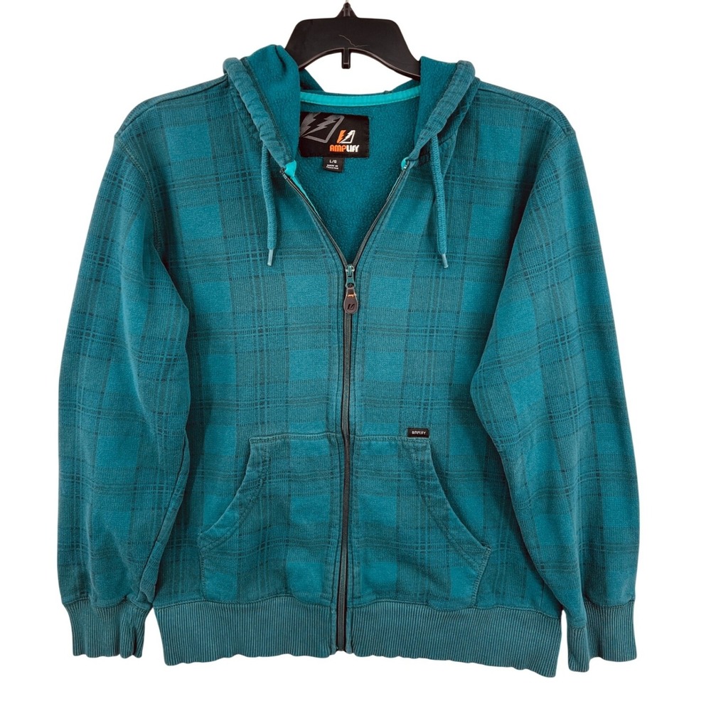 Amplify Plaid Zip Up Hoodie Mens Large Fleece Lined Y2K Skate Grunge